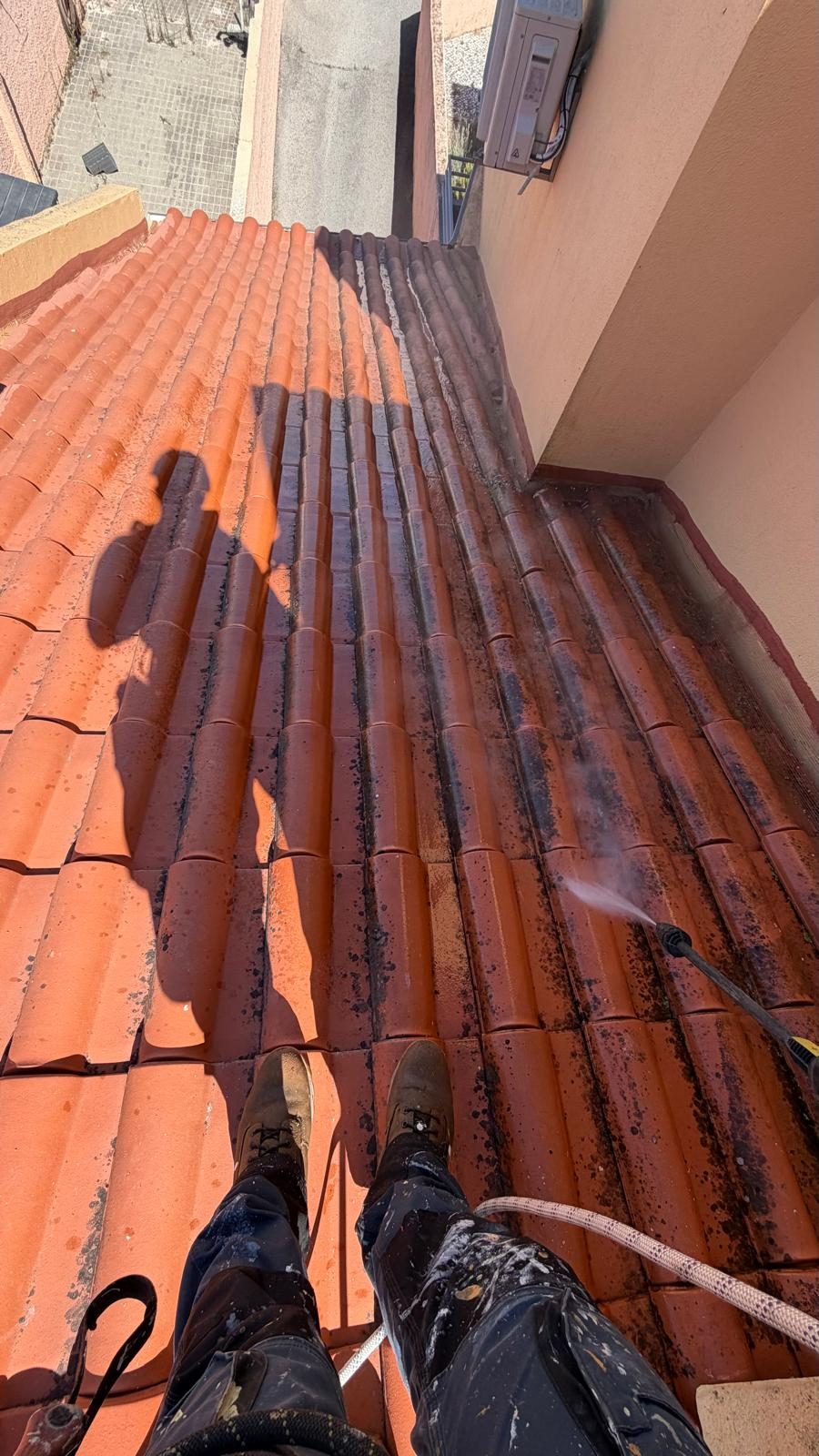 Telhado a meio da lavagem, com a telha limpa de um lado e a camada escura de líquenes do outro